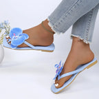 Women Slippers 2026 New Clip Toe Flower Decor Shoes Women Comfort Beach Flip Flops Fashion Square Toe Flat Sandals Slides Women