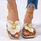 Clip Toe Flower Decor Summer Slippers for Women White Comfort Non Slip Beach Flip Flops Woman Fashion Square Toe Flat Sandals