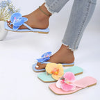 Women Slippers 2026 New Clip Toe Flower Decor Shoes Women Comfort Beach Flip Flops Fashion Square Toe Flat Sandals Slides Women