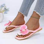 Women Slippers 2026 New Clip Toe Flower Decor Shoes Women Comfort Beach Flip Flops Fashion Square Toe Flat Sandals Slides Women