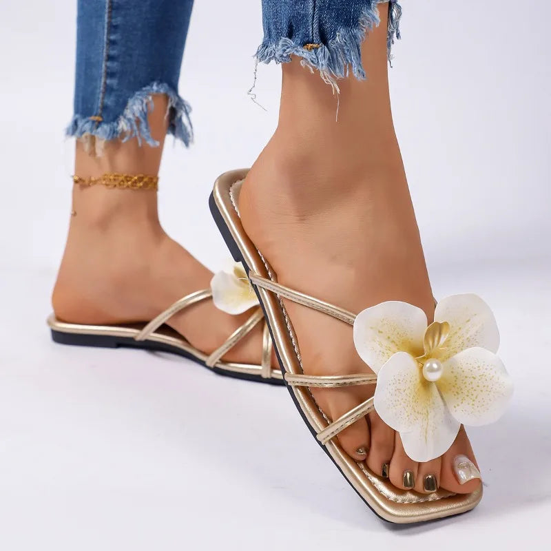 New Women Slip On Flower Slippers Comfort Daily Soft Sole Beach Vacation Slides 2026 Summer Ladies Concise Walking Shoes