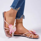 Clip Toe Flower Decor Summer Slippers for Women White Comfort Non Slip Beach Flip Flops Woman Fashion Square Toe Flat Sandals