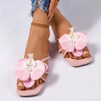 Clip Toe Flower Decor Summer Slippers for Women White Comfort Non Slip Beach Flip Flops Woman Fashion Square Toe Flat Sandals
