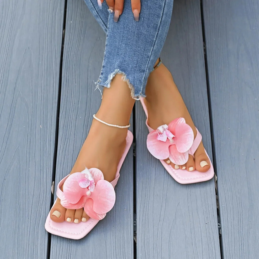 Flip Flops Women Slippers 2025 Square Toe Flat Sandals Outdoor Casual Slippers Women Fashion Flowers Shoes Ladies Slides Women