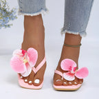 Women Slippers 2026 New Clip Toe Flower Decor Shoes Women Comfort Beach Flip Flops Fashion Square Toe Flat Sandals Slides Women