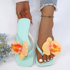 Women Slippers Fashion Square Toe Flat Sandals Slides Women Clip Toe Flower Decor Summer Shoes Women Comfort Beach Flip Flops