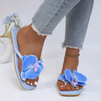 Women Slippers Fashion Square Toe Flat Sandals Slides Women Clip Toe Flower Decor Summer Shoes Women Comfort Beach Flip Flops