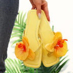 Beach Vacation Clip Toe Orchid Floral Sandals Women Yellow Bohemian Flat Flip-Flops Woman Outdoor Comfortable Soft Soles Sandals