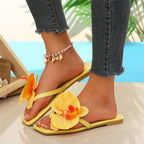Beach Vacation Clip Toe Orchid Floral Sandals Women Yellow Bohemian Flat Flip-Flops Woman Outdoor Comfortable Soft Soles Sandals