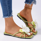 Clip Toe Flower Decor Summer Slippers for Women White Comfort Non Slip Beach Flip Flops Woman Fashion Square Toe Flat Sandals